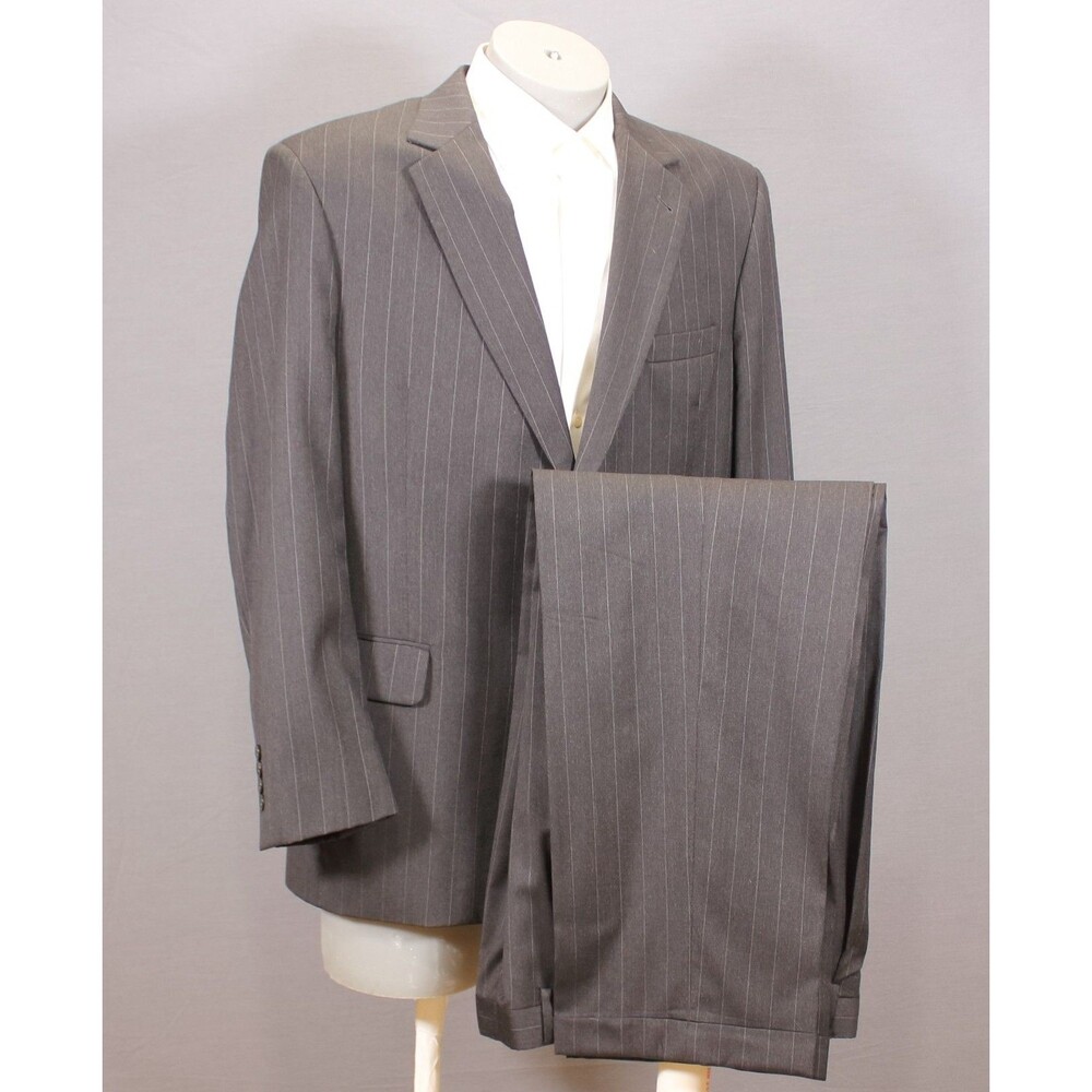 Jos A Bank 2 Piece Suit Mens Black Striped 2 Btn Wool 43R Pleated Fronts 36" W